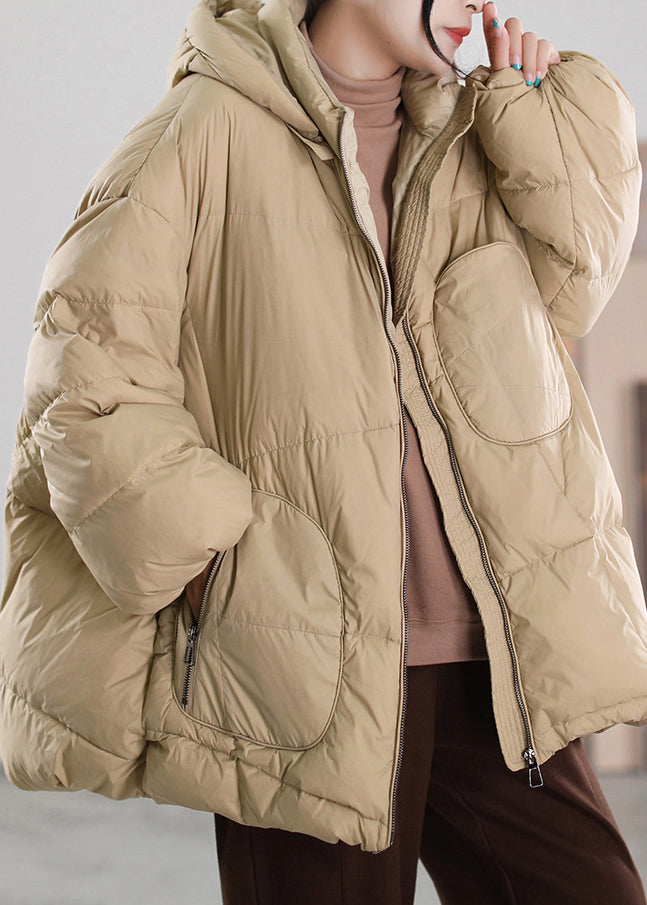Organic Khaki Stand Collar Zippered Patchwork Hooded Duck Down Down Coat Winter - Down Jackets - DYAVOR®