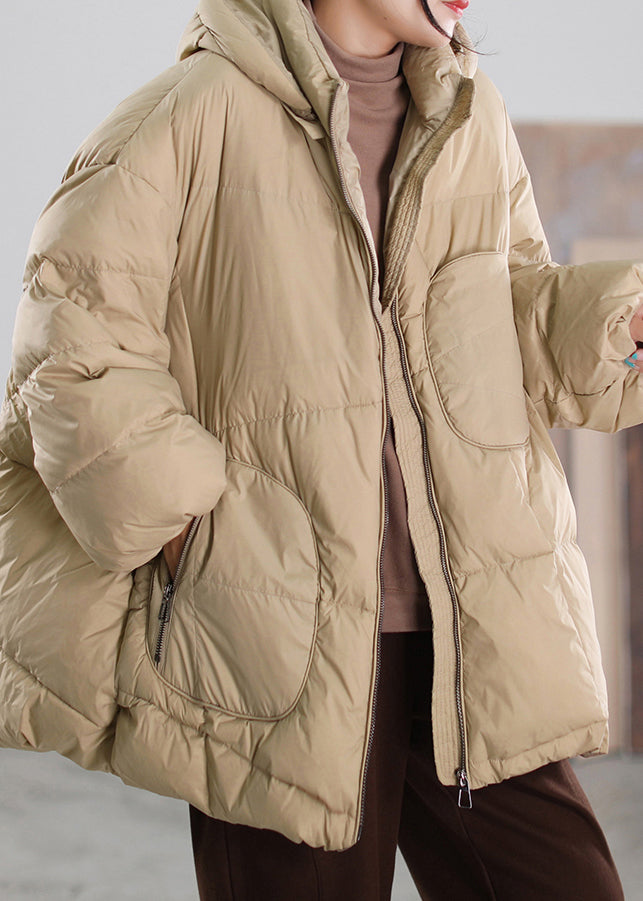 Organic Khaki Stand Collar Zippered Patchwork Hooded Duck Down Down Coat Winter - Down Jackets - DYAVOR®