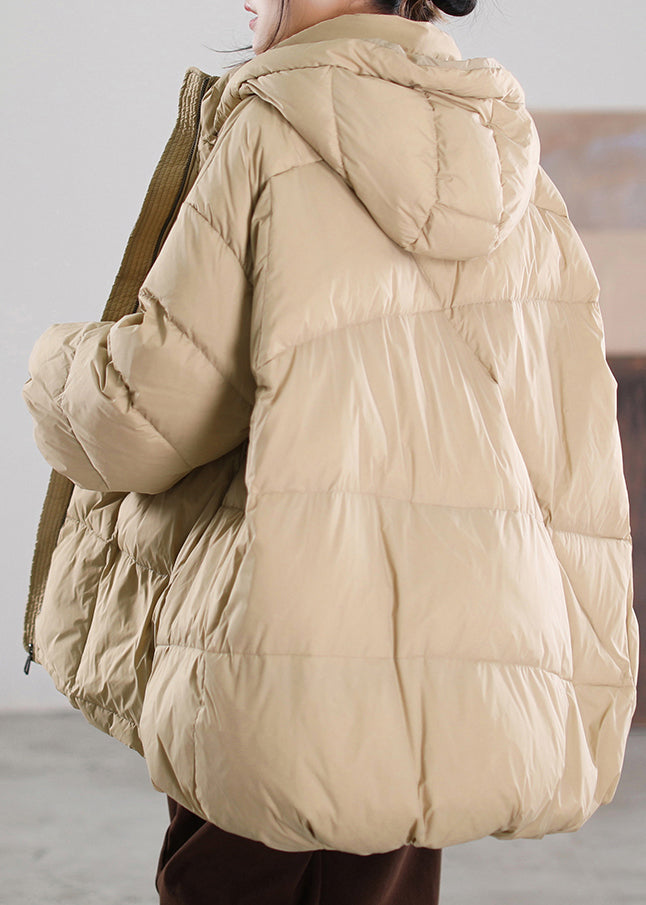 Organic Khaki Stand Collar Zippered Patchwork Hooded Duck Down Down Coat Winter - Down Jackets - DYAVOR®