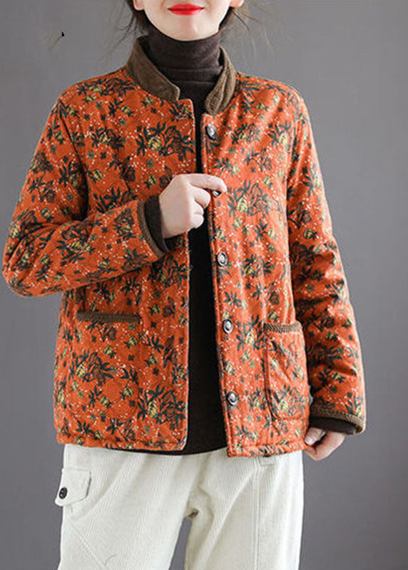 Organic Orange Stand Collar Print Warm Fleece Jacket In Winter - Down Jackets - DYAVOR®