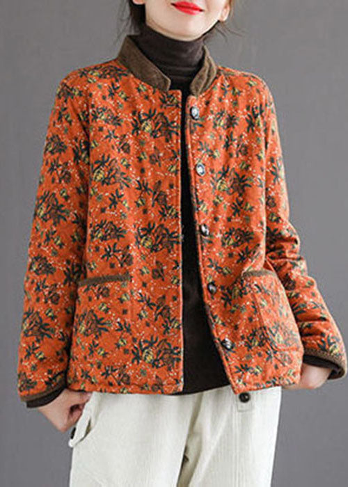 Organic Orange Stand Collar Print Warm Fleece Jacket In Winter - Down Jackets - DYAVOR®