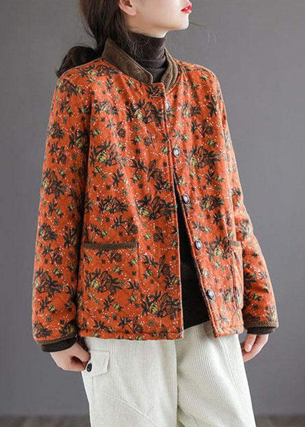 Organic Orange Stand Collar Print Warm Fleece Jacket In Winter - Down Jackets - DYAVOR®