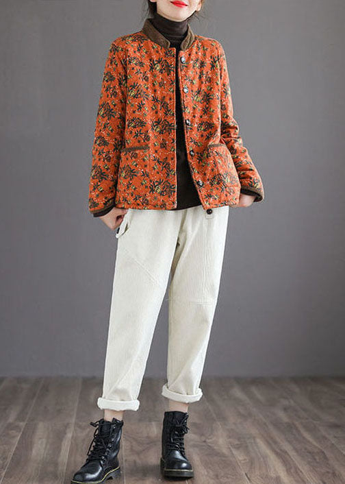 Organic Orange Stand Collar Print Warm Fleece Jacket In Winter - Down Jackets - DYAVOR®
