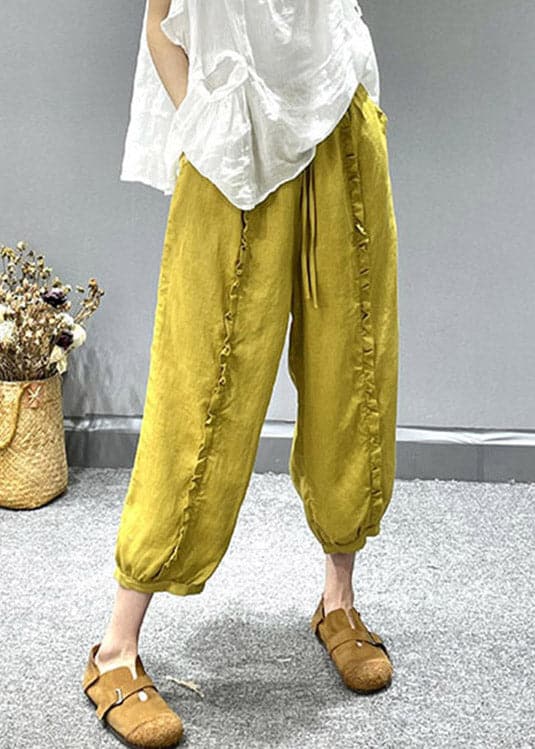Organic Yellow Ruffled Pockets Linen Crop Pants Summer - Crop Pants - DYAVOR®