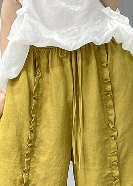 Organic Yellow Ruffled Pockets Linen Crop Pants Summer - Crop Pants - DYAVOR®