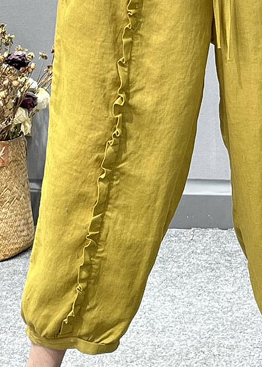 Organic Yellow Ruffled Pockets Linen Crop Pants Summer - Crop Pants - DYAVOR®