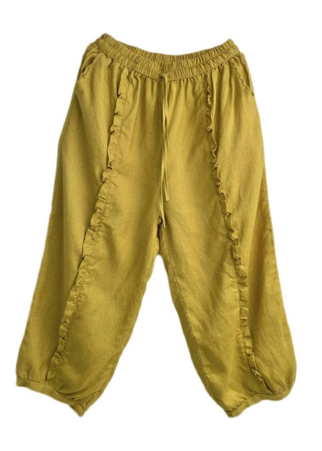Organic Yellow Ruffled Pockets Linen Crop Pants Summer - Crop Pants - DYAVOR®