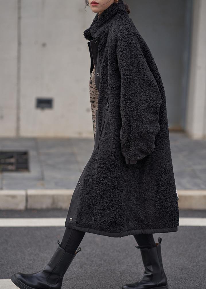 Organic stand collar drawstring Plus Size tunic coat black Dresses outwear - - DYAVOR®