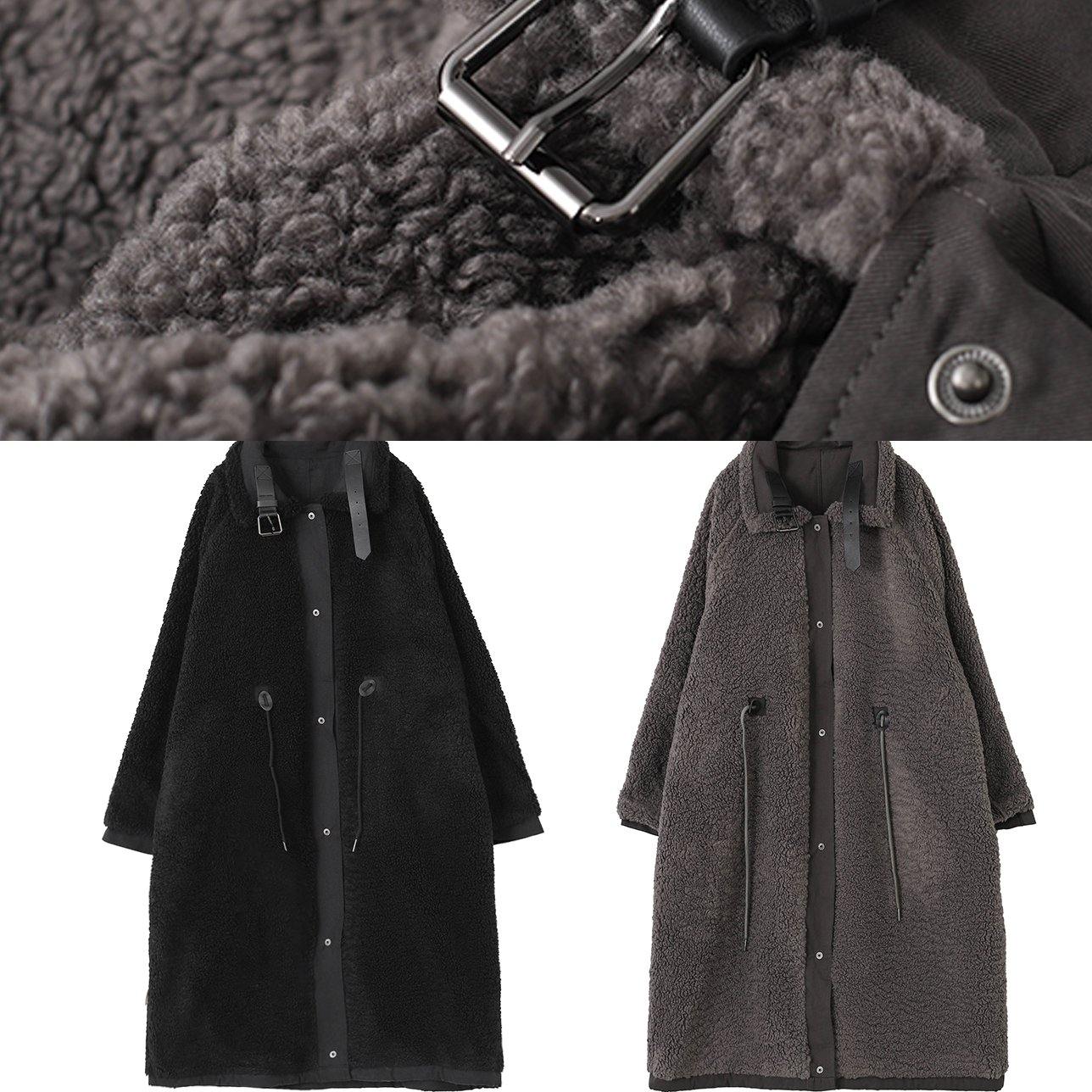 Organic stand collar drawstring Plus Size tunic coat black Dresses outwear - - DYAVOR®