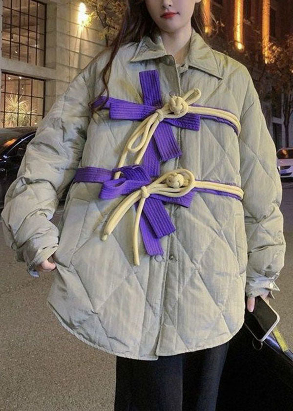 Original Design Khaki Peter Pan Collar Bow Oriental Button Thick Coats Winter - Down Jackets - DYAVOR®