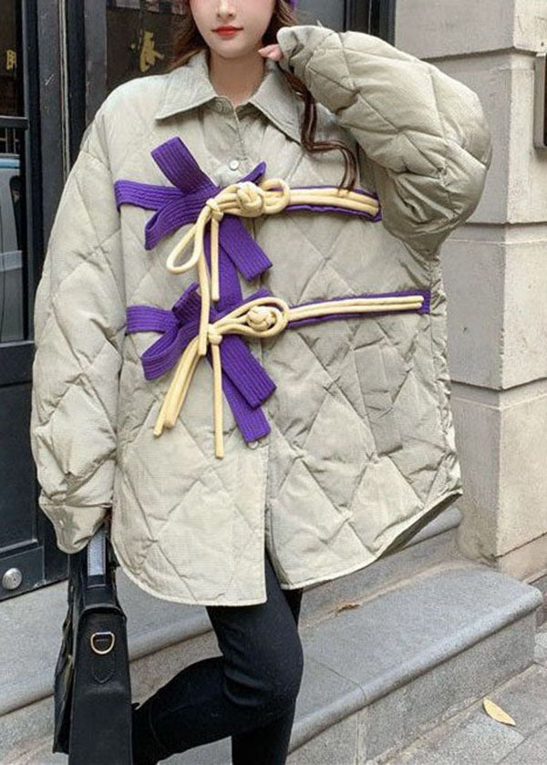 Original Design Khaki Peter Pan Collar Bow Oriental Button Thick Coats Winter - Down Jackets - DYAVOR®