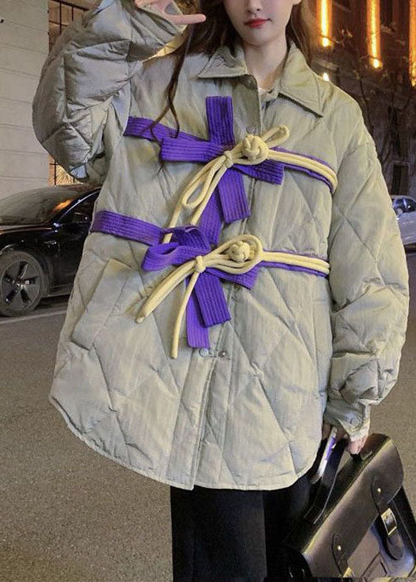Original Design Khaki Peter Pan Collar Bow Oriental Button Thick Coats Winter - Down Jackets - DYAVOR®
