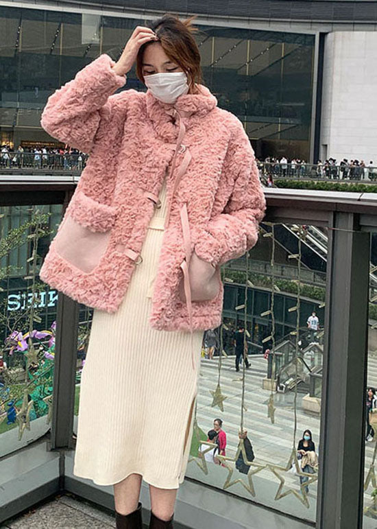 Pink Stand Collar tie Faux Fur Coat Winter - Down Jackets - DYAVOR®