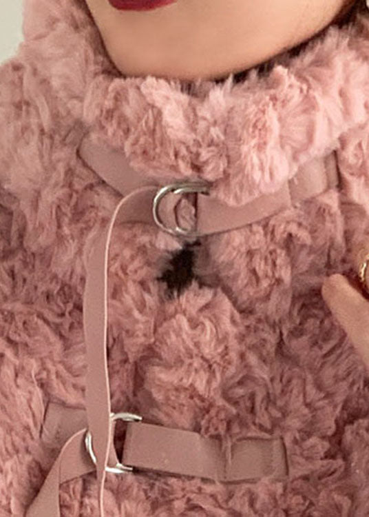 Pink Stand Collar tie Faux Fur Coat Winter - Down Jackets - DYAVOR®