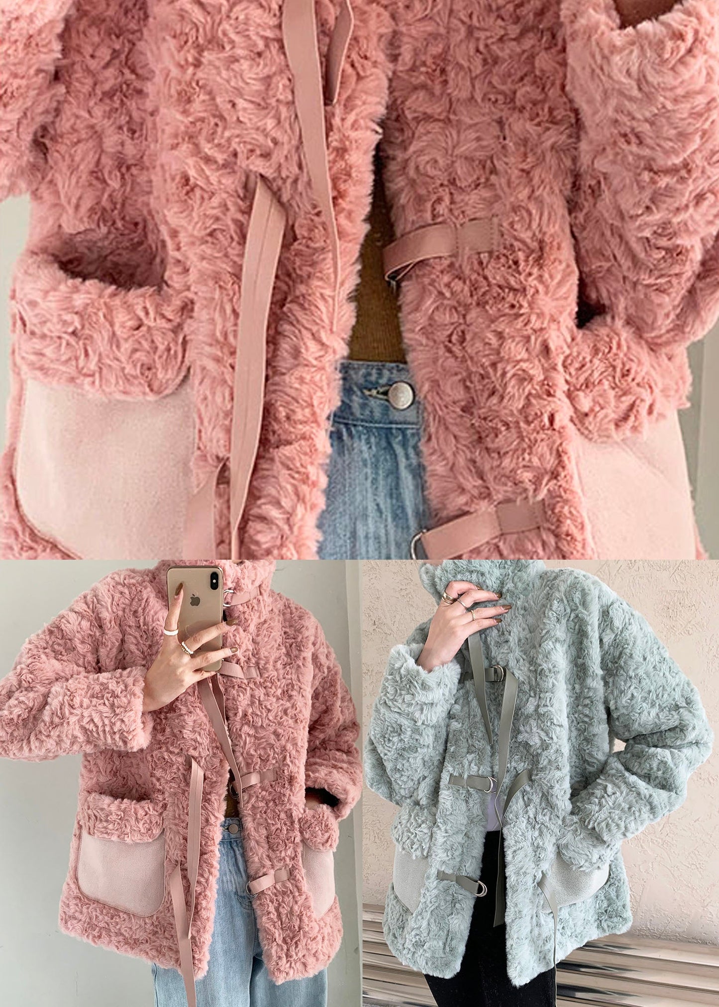 Pink Stand Collar tie Faux Fur Coat Winter - Down Jackets - DYAVOR®