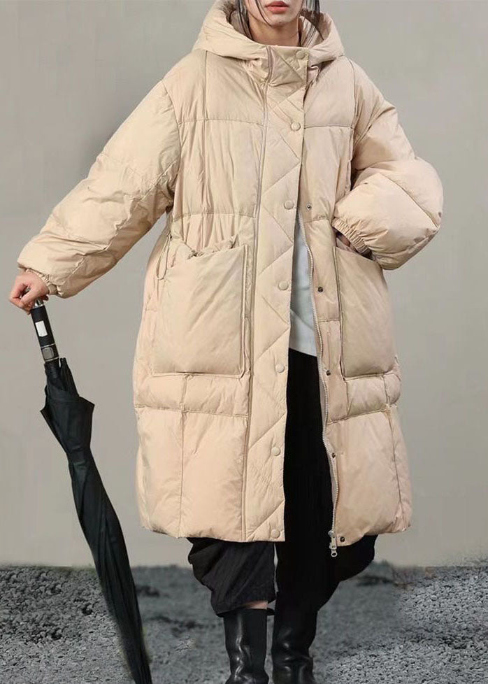 Plus Size Beige Hooded Solid Pockets Duck Down Winter Coats - Down Jackets - DYAVOR®