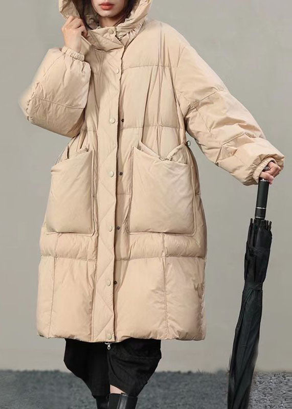 Plus Size Beige Hooded Solid Pockets Duck Down Winter Coats - Down Jackets - DYAVOR®
