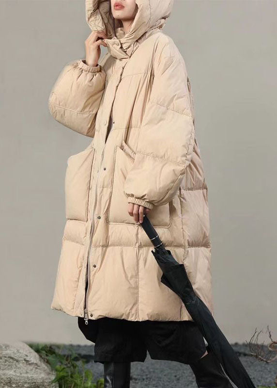 Plus Size Beige Hooded Solid Pockets Duck Down Winter Coats - Down Jackets - DYAVOR®