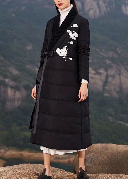 Plus Size Black Embroideried Tie Waist Duck Down Puffer Coat Winter - Down Jackets - DYAVOR®
