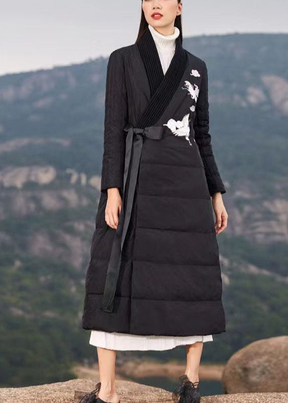 Plus Size Black Embroideried Tie Waist Duck Down Puffer Coat Winter - Down Jackets - DYAVOR®