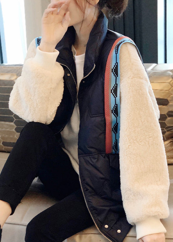 Plus Size Black Stand Collar Zippered Faux Fur Patchwork Fake Two Pieces Down Coat Winter - Down Jackets - DYAVOR®
