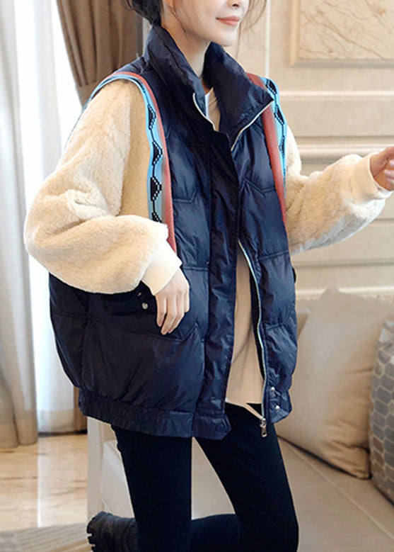 Plus Size Black Stand Collar Zippered Faux Fur Patchwork Fake Two Pieces Down Coat Winter - Down Jackets - DYAVOR®