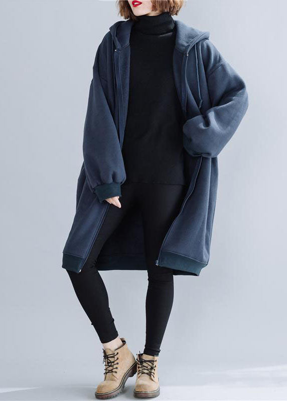Plus Size Blue Hooded Drawstring Pockets Warm Fleece Jackets Winter - Coats - DYAVOR®