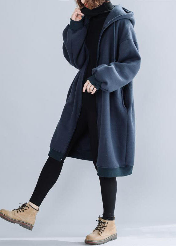 Plus Size Blue Hooded Drawstring Pockets Warm Fleece Jackets Winter - Coats - DYAVOR®