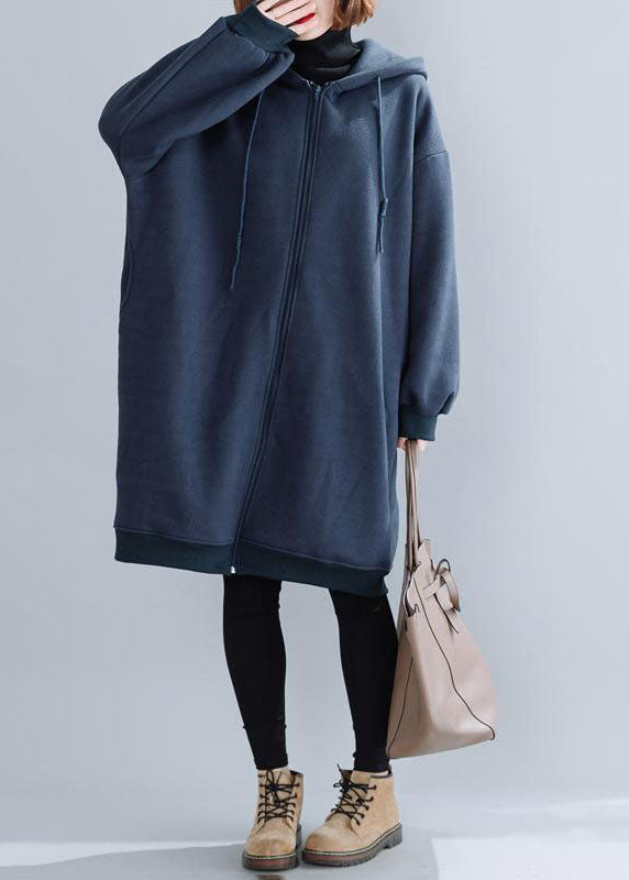 Plus Size Blue Hooded Drawstring Pockets Warm Fleece Jackets Winter - Coats - DYAVOR®