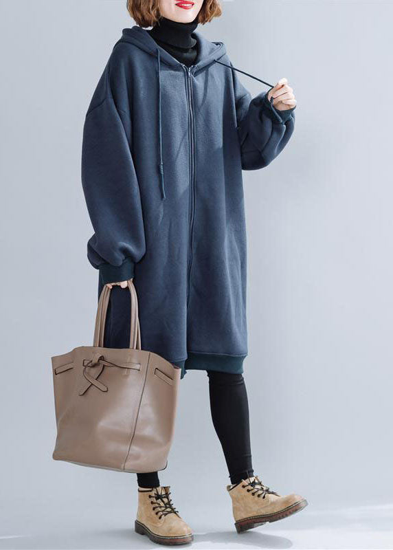 Plus Size Blue Hooded Drawstring Pockets Warm Fleece Jackets Winter - Coats - DYAVOR®