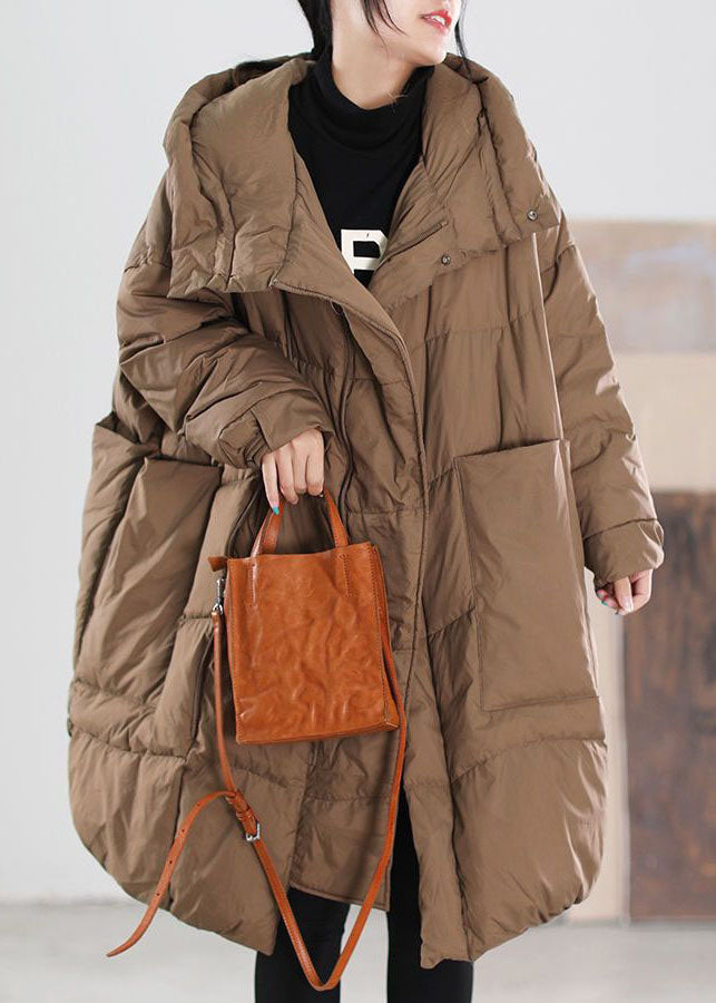 Plus Size Chocolate Hooded Oversized Big Pockets Duck Down Down Coats Winter - Down Jackets - DYAVOR®