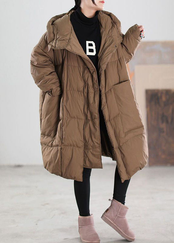 Plus Size Chocolate Hooded Oversized Big Pockets Duck Down Down Coats Winter - Down Jackets - DYAVOR®