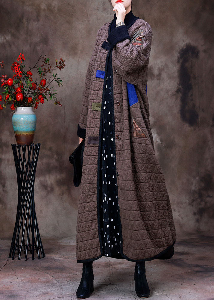 Plus Size Chocolate O-Neck Patchwork Applique Fine Cotton Filled Witner Coat Long sleeve - Down Jackets - DYAVOR®