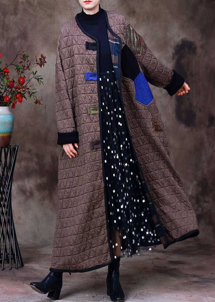 Plus Size Chocolate O-Neck Patchwork Applique Fine Cotton Filled Witner Coat Long sleeve - Down Jackets - DYAVOR®