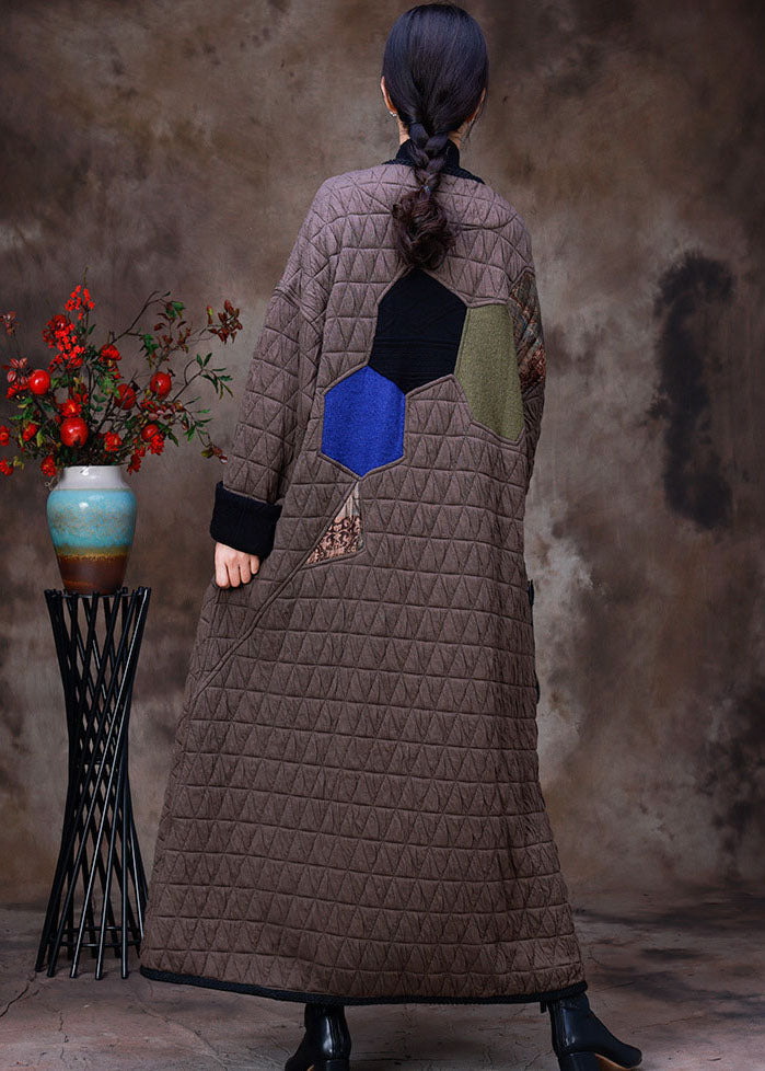 Plus Size Chocolate O-Neck Patchwork Applique Fine Cotton Filled Witner Coat Long sleeve - Down Jackets - DYAVOR®