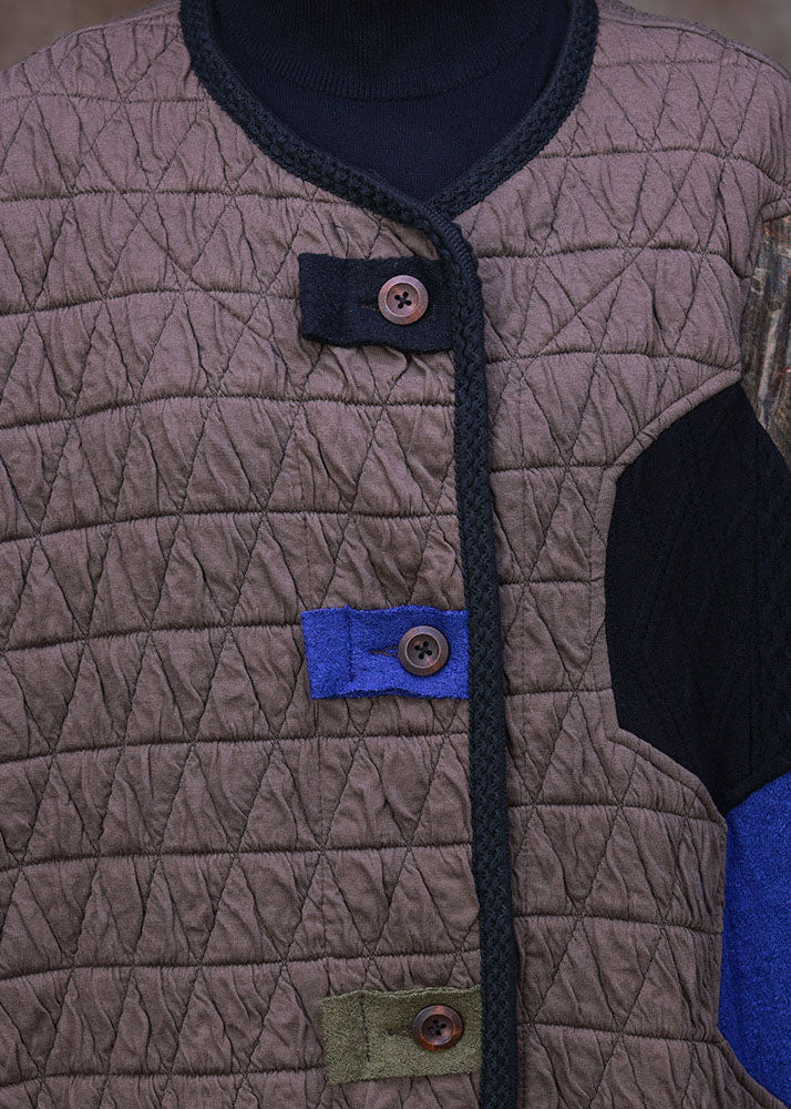 Plus Size Chocolate O-Neck Patchwork Applique Fine Cotton Filled Witner Coat Long sleeve - Down Jackets - DYAVOR®