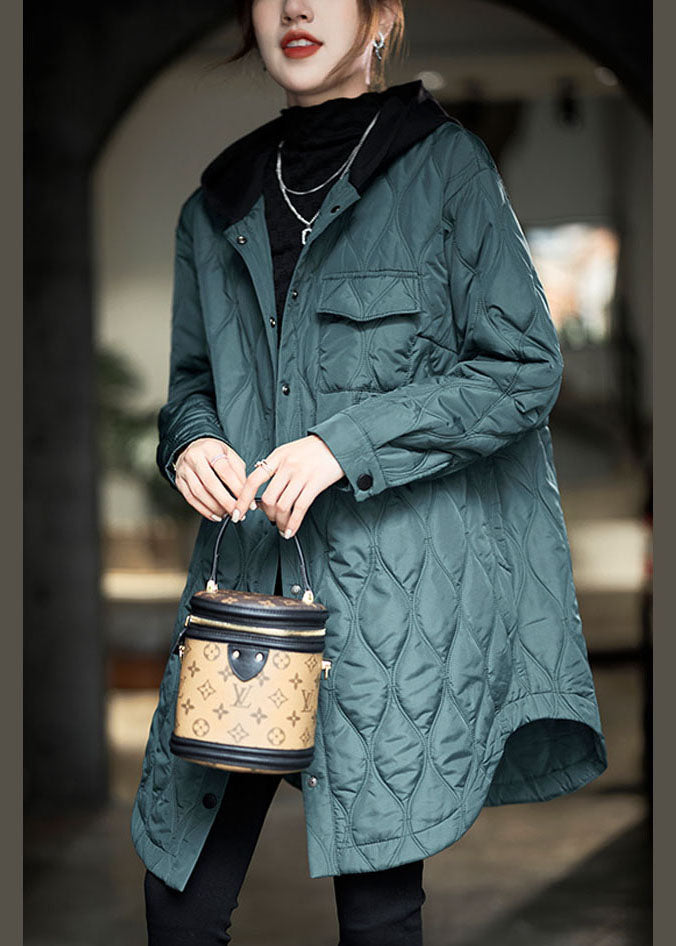 Plus Size Green Hooded Pockets Patchwork Fine Cotton Filled Winter Coats - Down Jackets - DYAVOR®