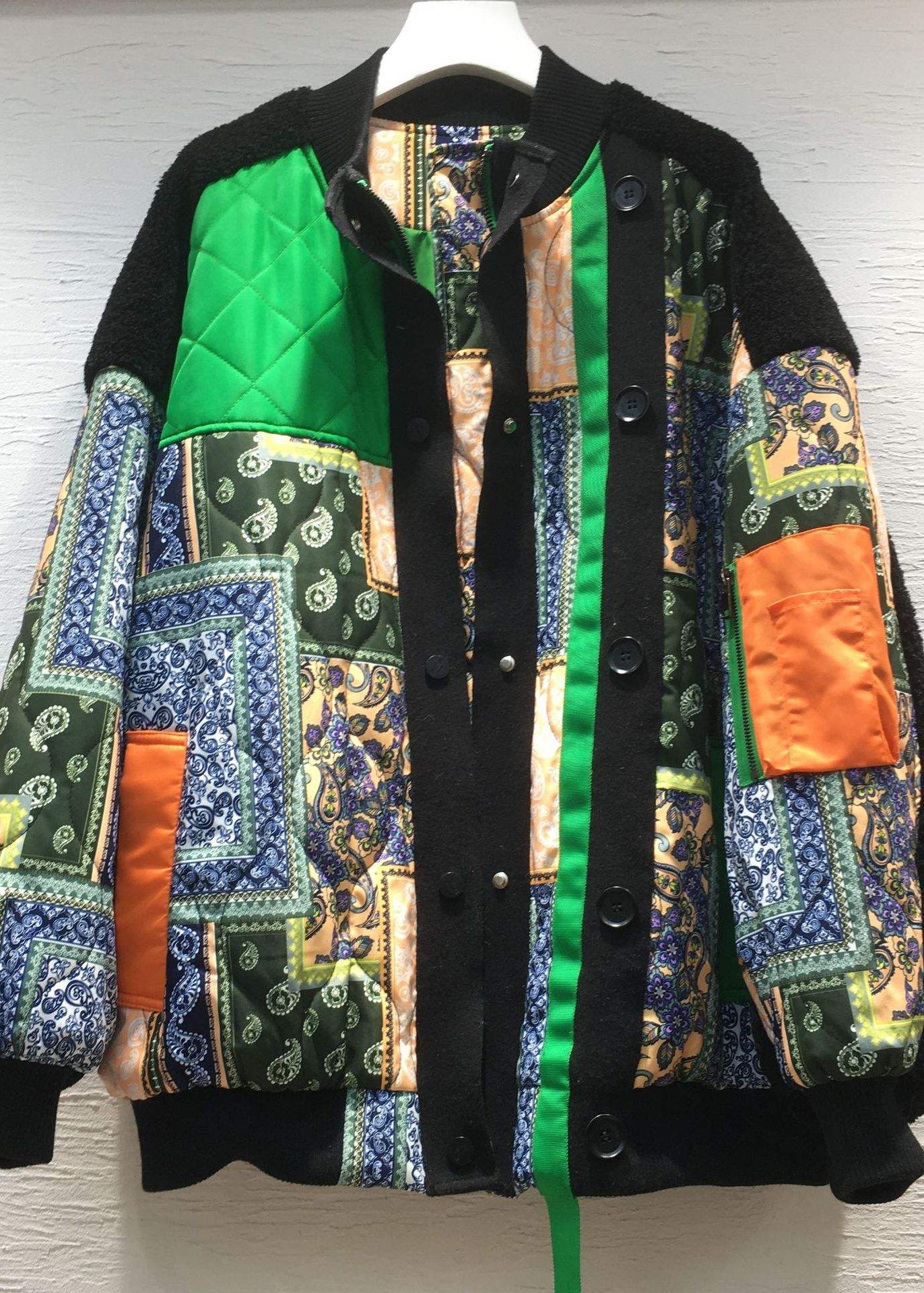 Plus Size Green O-Neck Print Button Pockets Thick Cotton Parka Long Sleeve - Down Jackets - DYAVOR®