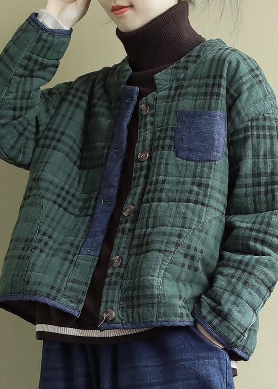 Plus Size Green Plaid Button Patchwork Winter Jackets Long sleeve - Down Jackets - DYAVOR®