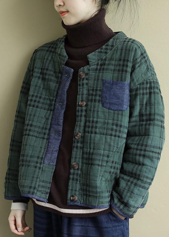 Plus Size Green Plaid Button Patchwork Winter Jackets Long sleeve - Down Jackets - DYAVOR®