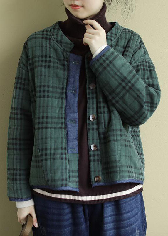 Plus Size Green Plaid Button Patchwork Winter Jackets Long sleeve - Down Jackets - DYAVOR®