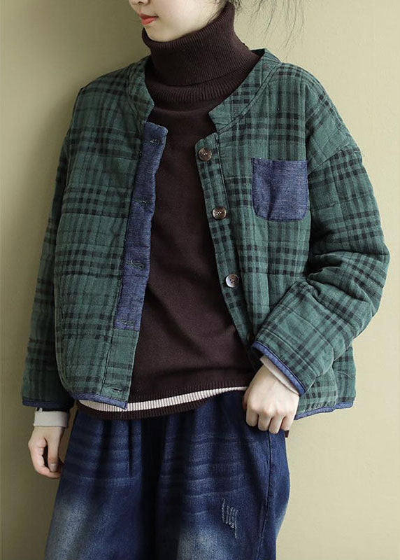 Plus Size Green Plaid Button Patchwork Winter Jackets Long sleeve - Down Jackets - DYAVOR®