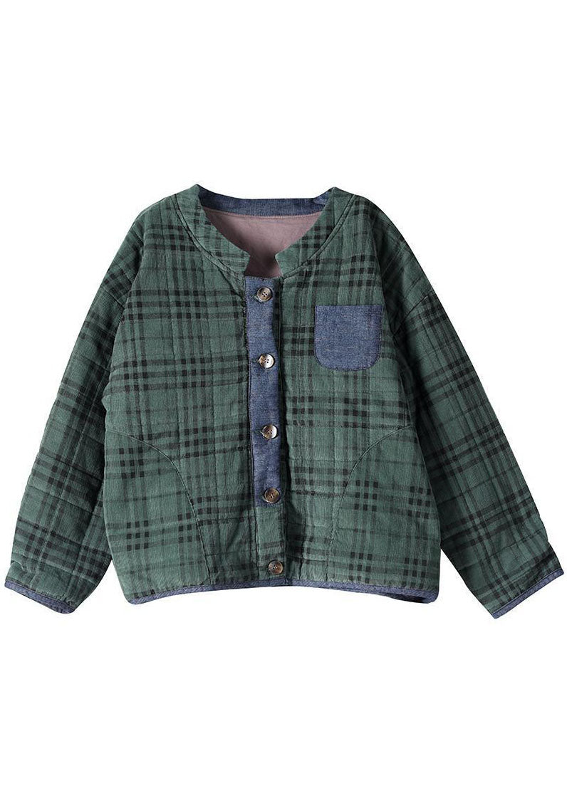 Plus Size Green Plaid Button Patchwork Winter Jackets Long sleeve - Down Jackets - DYAVOR®