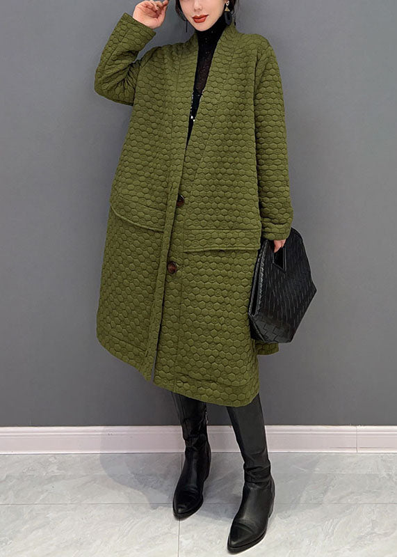 Plus Size Green V Neck Cotton Filled exra large hem Trench coat Winter - Down Jackets - DYAVOR®