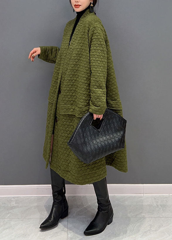 Plus Size Green V Neck Cotton Filled exra large hem Trench coat Winter - Down Jackets - DYAVOR®