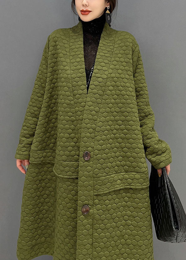 Plus Size Green V Neck Cotton Filled exra large hem Trench coat Winter - Down Jackets - DYAVOR®