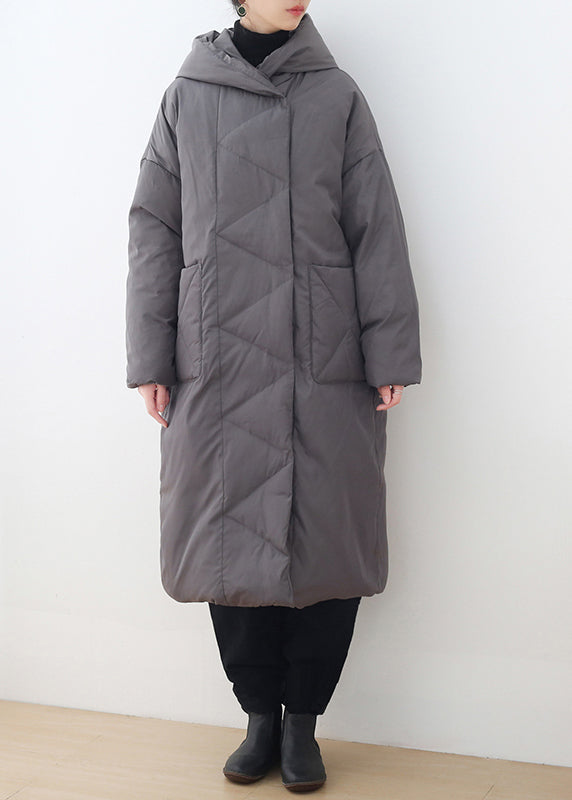 Plus Size Grey Button Pockets Hooded Down Coat Long Sleeve - Down Jackets - DYAVOR®