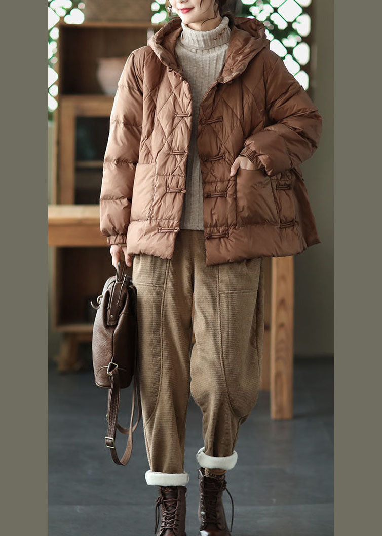 Plus Size Khaki Hooded Oriental Button Pockets Duck Down Down Jacket Winter - Down Jackets - DYAVOR®