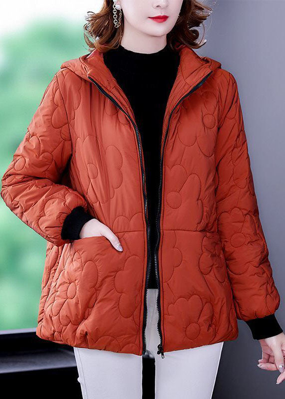 Plus Size Orange Hooded Zippered Fine Cotton Filled Winter Coats - Down Jackets - DYAVOR®