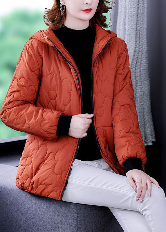 Plus Size Orange Hooded Zippered Fine Cotton Filled Winter Coats - Down Jackets - DYAVOR®
